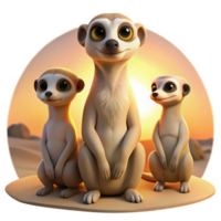elegant minimalist A family of meerkats standing alert in the desert, bathed in the warm glow of sunrise, in a National Geographic documentary style professional png