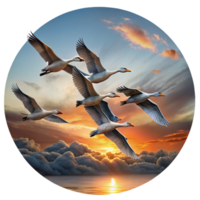 wonderful vintage A flock of migrating geese flying in a V formation against a dramatic sunset sky, in a classic, painterly style authentic png