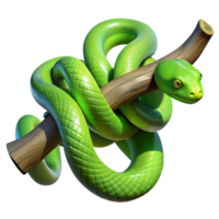 dramatic creative A slithering green snake coiled around a tree branch, illuminated by dappled jungle sunlight, in a realistic, textured style original png