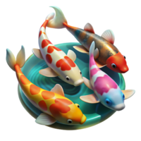 wonderful rustic A group of colorful koi fish swimming in a tranquil pond, illuminated by dappled sunlight, in a serene, Japanese painting style genuine png
