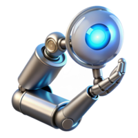 vibrant artistic A gleaming chrome robotic arm delicately holding a glowing orb of data, illuminated by soft blue neon light in a cyberpunk style 4K png