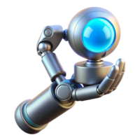 wonderful traditional A gleaming chrome robotic arm delicately holding a glowing orb of data, illuminated by soft blue neon light in a cyberpunk style exclusive png