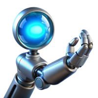 dramatic abstract A gleaming chrome robotic arm delicately holding a glowing orb of data, illuminated by soft blue neon light in a cyberpunk style genuine png