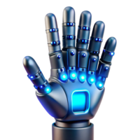 dramatic contemporary A hyperrealistic robotic hand intricately crafting a microchip, illuminated by cool blue LED light, in a chiaroscuro style professional png