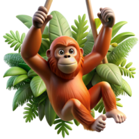 beautiful artistic A playful orangutan swinging through the jungle canopy, illuminated by dappled sunlight, in a dynamic, photographic style original png