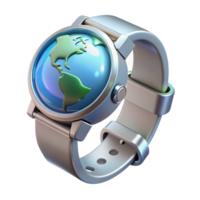 dramatic abstract A sleek, silver smartwatch displaying a holographic Earth rotating slowly, lit by a soft, ambient glow, with a cyberpunk aesthetic exclusive png