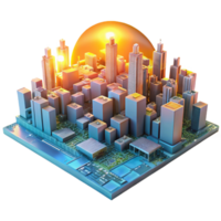 extraordinary traditional A futuristic cityscape composed entirely of interconnected circuit boards, bathed in the warm glow of a digital sunrise, rendered in a photorealistic style original png