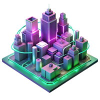 extraordinary creative A futuristic cityscape composed entirely of interconnected circuit boards and glowing wires, illuminated by neon pink and green lights, in a synthwave style high quality png