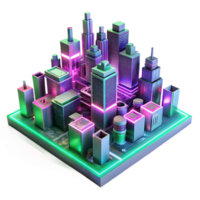 elegant artistic A futuristic cityscape composed entirely of interconnected circuit boards and glowing wires, illuminated by neon pink and green lights, in a synthwave style professional png