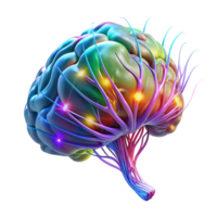 vibrant artistic A transparent human brain with neural pathways firing in vibrant, multicolored pulses, lit by a pulsating white light, in a biopunk style high resolution png