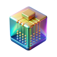 extraordinary creative A single, levitating, holographic data cube emitting streams of binary code, lit by a shifting rainbow gradient, in a data-driven style premium png