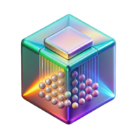 extraordinary vintage A single, levitating, holographic data cube emitting streams of binary code, lit by a shifting rainbow gradient, in a data-driven style 4K png
