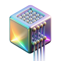 serene minimalist A single, levitating, holographic data cube emitting streams of binary code, lit by a shifting rainbow gradient, in a data-driven style 4K png