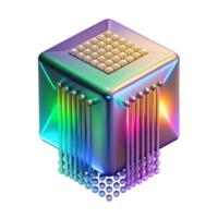 elegant contemporary A single, levitating, holographic data cube emitting streams of binary code, lit by a shifting rainbow gradient, in a data-driven style high resolution png