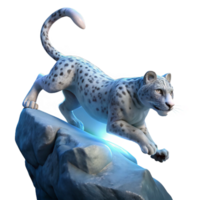 elegant classic A majestic snow leopard leaping across a chasm, illuminated by a single ray of moonlight, rendered in a hyperrealistic style genuine png