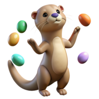 dramatic modern A playful otter juggling smooth, colorful river stones, lit by dappled sunlight filtering through forest leaves, in a whimsical, cartoon style authentic png