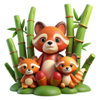 vibrant creative A playful family of red pandas frolicking in bamboo forest, soft diffused lighting, storybook illustration style high quality png