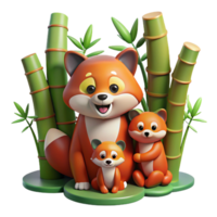 elegant minimalist A playful family of red pandas frolicking in bamboo forest, soft diffused lighting, storybook illustration style premium png