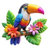 impressive minimalist A colorful toucan perched on a branch adorned with exotic flowers, vibrant tropical colors, pop art style premium png
