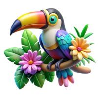 beautiful traditional A colorful toucan perched on a branch adorned with exotic flowers, vibrant tropical colors, pop art style premium png