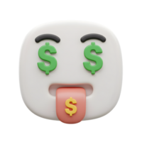 3d render do uma fofa emoji face obcecado com dinheiro, mostrando dólar sinais Como olhos e em língua png
