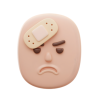 3D Render of Sad Cartoon Face with Bandage Illustrating Injury and Upset Mood png