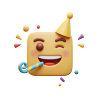 Joyful Emoji Party Celebration. 3D Render of a Smiling Face with Party Hat and Noisemaker png