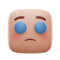 Dizzy Emoji 3D Render. A Cute Square-Shaped Character with Spinning Eyes and a Sad Expression png