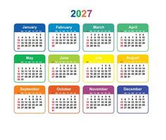 Calendar grid 2027 colorful Simple layout of pocket or wall calendar, Sunday Start Horizontal colorful calendar vector