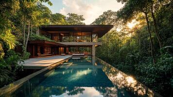 The house is surrounded by lush greenery and the pool is surrounded by water video