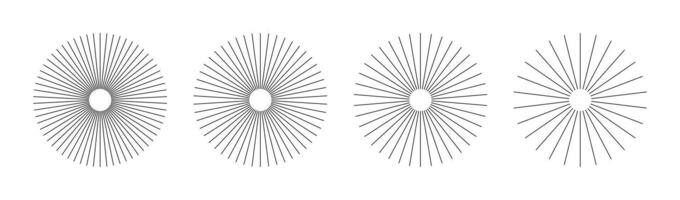 Sunburst element. Starburst radial stripes set. Ray, beam. Radial circle lines. Circular burst. Symbol of Sun star rays. Flat design icons. Spokes with radiating stripes. Abstract geometric shapes. vector