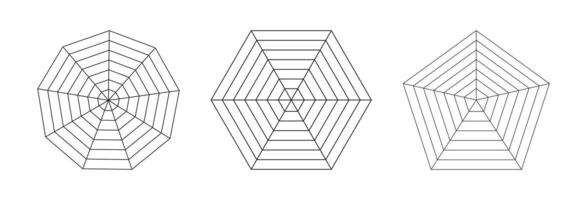 Nonagon, hexagon, pentagon graphs. Radar spider template. Spider mesh. Blank radar charts set. Flat web diagrams for statistic, analytics. Coaching tool. Black grid with segments. Outline illustration vector