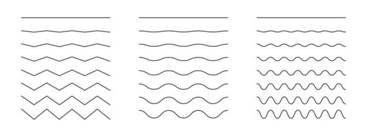 Minimalist set of wavy, curvy, zigzag lines. Simple undulate borders, transverse horizontal black lines. Water, river, lake, sea, ocean symbol. Sine, fluid, air, wind sign. Outline thin trendy graphic vector