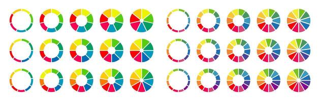 Donut charts, pies segmented on 7, 8, 9, 10, 11, 12 equal parts. Wheel divided in sections. Set of multicoloured infographic diagrams. Circle section graph. Pizza chart round icons. Loading bar mockup vector