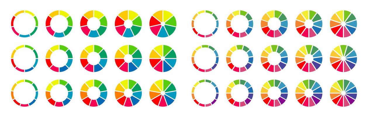 Donut charts, pies segmented on 7, 8, 9, 10, 11, 12 equal parts. Wheel divided in sections. Set of multicoloured infographic diagrams. Circle section graph. Pizza chart round icons. Loading bar mockup