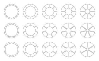 Circle division on 6, 7, 8 equal parts. Wheel round divided diagrams, six, seven, eight segments. Coaching blank. Set of Infographic. Section graph line art. Pie, pizza chart icon. Outline donut chart vector