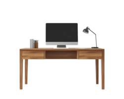Modern Wooden Desk with Computer and Lamp on Transparent Background png