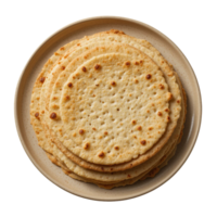A stack of round crisp crackers on a light beige plate. png