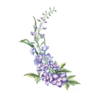 Curved composition with dilphinium flowers, caterpillar. Isolated watercolor illustration of flowers in realistic style for textile design, printing on fabric and clothes, posters. png