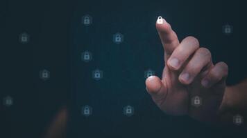 a person pressing a button with a digital lock on it photo