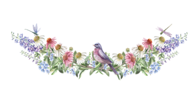 Central composition with a bird and curved flowers. Isolated watercolor illustration of flowers for textile design, printing on fabric and clothes, posters, decor elements. png