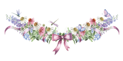 Central composition with a flowers of echinacea, delphinium,forget-me-nots,dragonflies, butterflies. Isolated watercolor illustration of flowers for textile design, printing on fabric and clothes. png