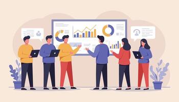 Business Presentation And Teamwork Office Discussion And Data Analysis vector
