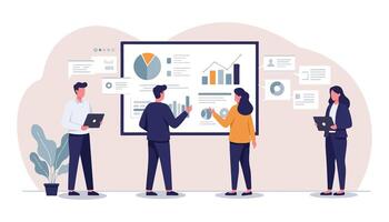 Business Teamwork and Data Analysis Office Discussion, Growth Strategy, Presentation. vector