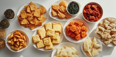 An overhead view of various snack foods on white plates photo