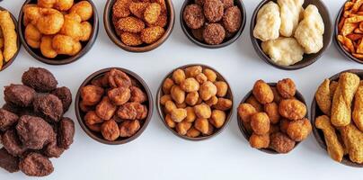 A variety of snacks arranged in small circular wooden bowls photo