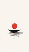 A small boat floats beneath a large red rising sun photo