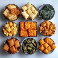 An overhead display of various savory and fried food items photo