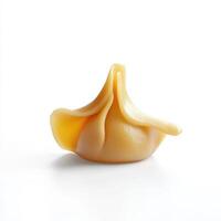 A single beige dumpling food item displayed against a white background photo
