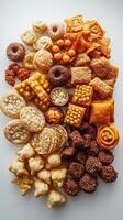 Many assorted snack foods arranged on a white surface photo